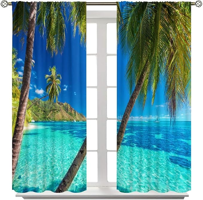 Ocean Beach Curtains,Sunshine and Beach Hawaiian Seaside Scene Pattern Blackout Print Home Bedroom Living Room Window Treatments 2 Panel Set 72x63 Inch