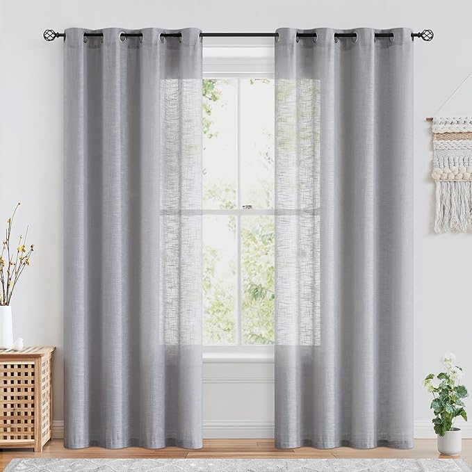 FMFUNCTEX Linen Semi Sheer Curtains for Bedroom, Grey Curtains 84 Inches Long for Living Room, Country Farmhouse Sheer Drapes, Light Filtering Window Curtain, Grommet Top 2 Panels