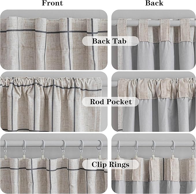MYSKY HOME 100% Blackout Plaid Farmhouse Linen Curtains 102 Inch Length 2 Panels Set Double Layer Checkered Drapes Thermal Insulated Privacy Protection Rod Pocket Back Tab for Home, 52" W, Deep Grey