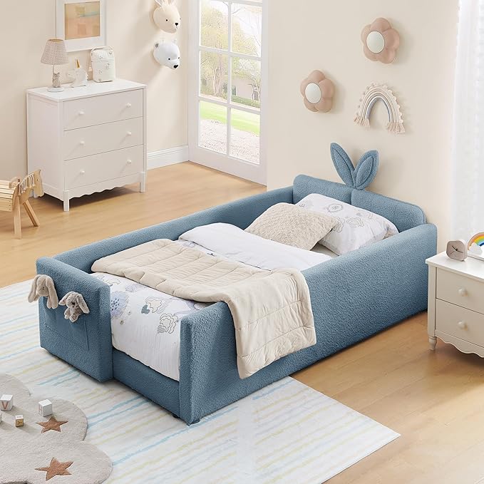 Twin Size Upholstered Platform Bed with Safety Guardrail and Cute Rabbit Ear Shaped Headboard, Boucle Fabric Montessori Kids Bed with Pocket and Sturdy Slats Support (Baby Blue-7.24)
