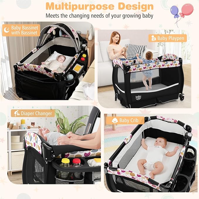 BABY JOY 4 in 1 Pack and Play, Portable Baby Playard with Bassinet & Flip-Away Changing Table, Canopy, Infant Bassinet with Storage Basket, Oxford Bag from Newborn to Toddlers (Circle)