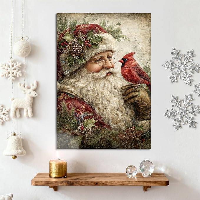 YONICA Christmas Canvas Wall Art Santa with Cardinal 28x40 Inch Vintage Style with Red Bird - Large Framed Gallery Wrapped Wildlife Art