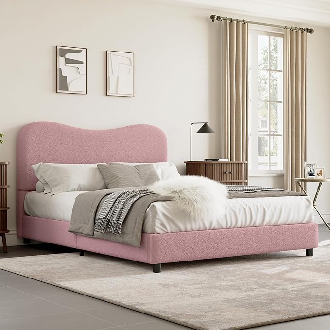 Senfot Pink Boucle Bed Frame with Upholstered Headboard, Soft Low Profile Sturdy Platform Bed with Rounded Corners Design, Heavy Duty, Wooden Slats, Noise Free, No Box Spring Needed, Queen Size