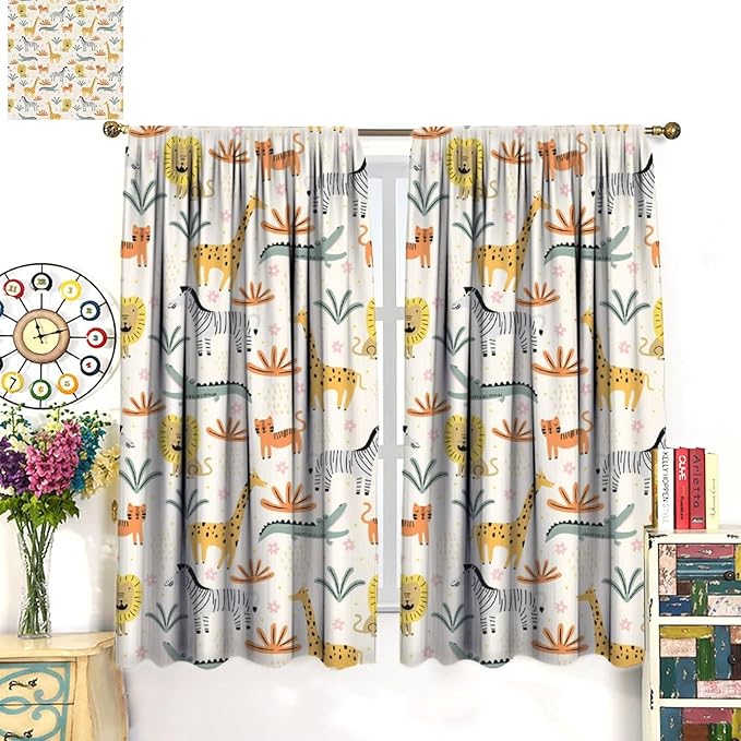 Wild Animals Curtains, Cute Cartoon Animals Zoo with Lion Zebra Crocodile Cat and Giraffe Tropical Jungle Plant Print Window Treatments for Kids Boys Girls Bedroom Living Room 84x84in
