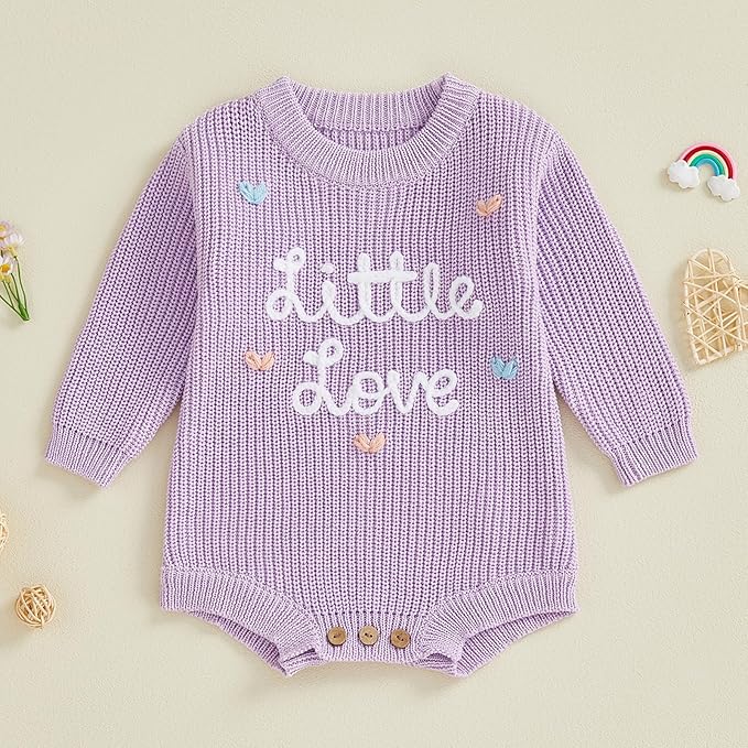 Lesimsam Newborn Baby Boy Girl Valentines Day Outfit Oversized Embroidery Long Sleeve Knit Sweater Bubble Romper Bodysuit