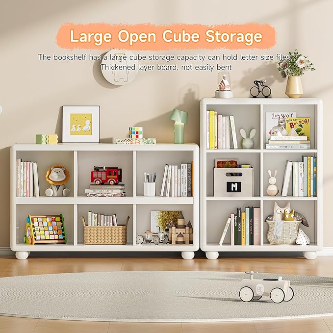 Kids Bookshelf, Large Wooden Bookcase with 6 Cube Storage, Girl Toy Storage Organizer Cabinet with Child Safe Paint&Thick Board, Boy Tall Book Shelves Nook for Office Playroom Living Room (White)