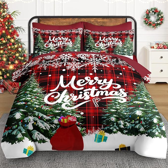 7 Pcs King Size Christmas Comforter Set with 2 Pillowcases & 2 Shams, Green Cartoon Trees Bedding for Kids and Adults, Black Red Plaid Bed in a Bag with Flat Fitted Sheet