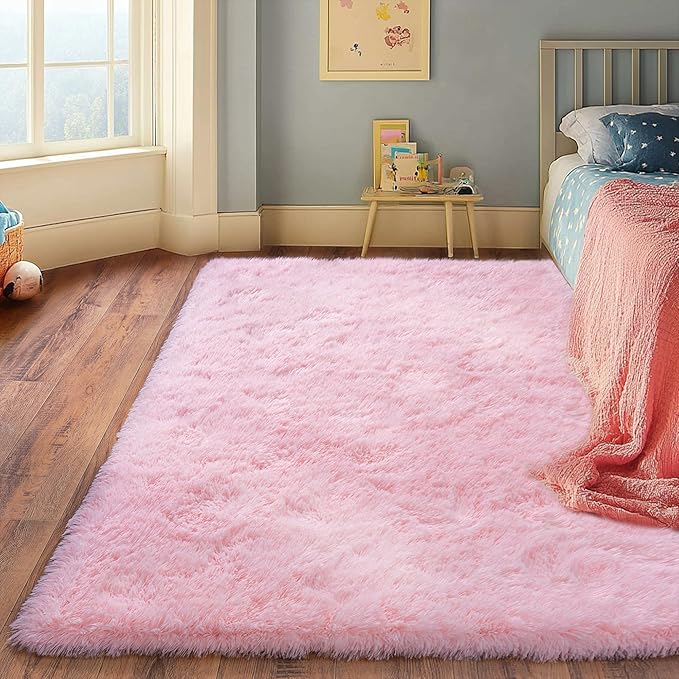 Pink Rug for Living Room, 9x12 Area Rug for Cute Girls Room, Bedside Indoor Floor Fluffy Shag Carpet, Plush Soft Rug for Bedroom Nursery Dorm Home Decor