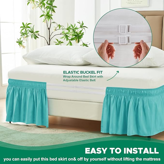 Biscaynebay Wrap Around Bed Skirts for King & Cal King Beds with Short Drop of 12", Aqua Adjustable Elastic Dust Ruffles Easy Fit Wrinkle Resistant Silky Luxurious Fabric Machine Washable