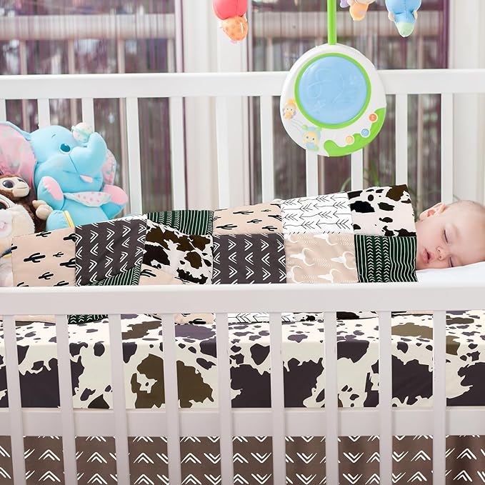 3 Piece Patchwork Western Crib Bedding Set, Neutral Cow Cactus Print Baby Bedding, Barnyard Western Nursery Decor, Standard Size Soft Baby Bed Set Includes Quilt, Fitted Crib Sheet, Bed Skirt