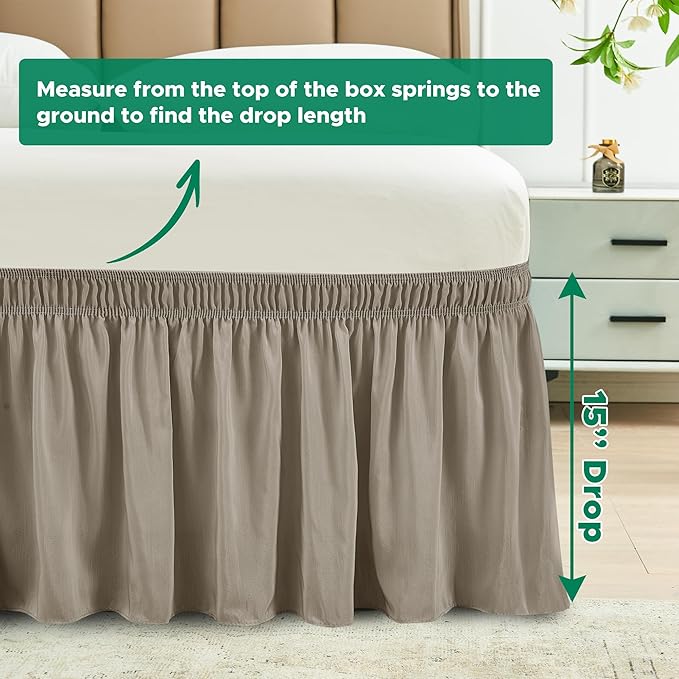 Biscaynebay Wrap Around Bed Skirts for Twin & Twin XL Beds 15" Drop, Taupe Adjustable Elastic Dust Ruffles Easy Fit Wrinkle & Fade Resistant Silky Luxurious Fabric Machine Washable