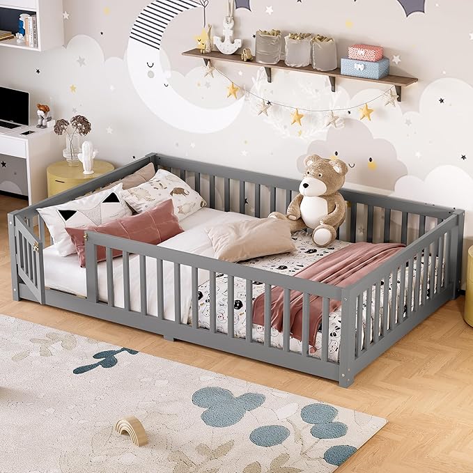 Bellemave Full Size Floor Bed with Rails for Kids, Girls, Boys, Pine,Plywood Floor Bed with slats and Door, Grey