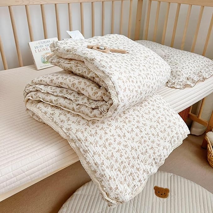 BuLuTu Beige Baby Blanket Flower Print Kid Quilt for Girls Boys Muslin Toddler Quilts for Kids Bed Breathable Comforter Bedding Decor Birthday Gifts, Camellia Pattern, 60x78 Inches