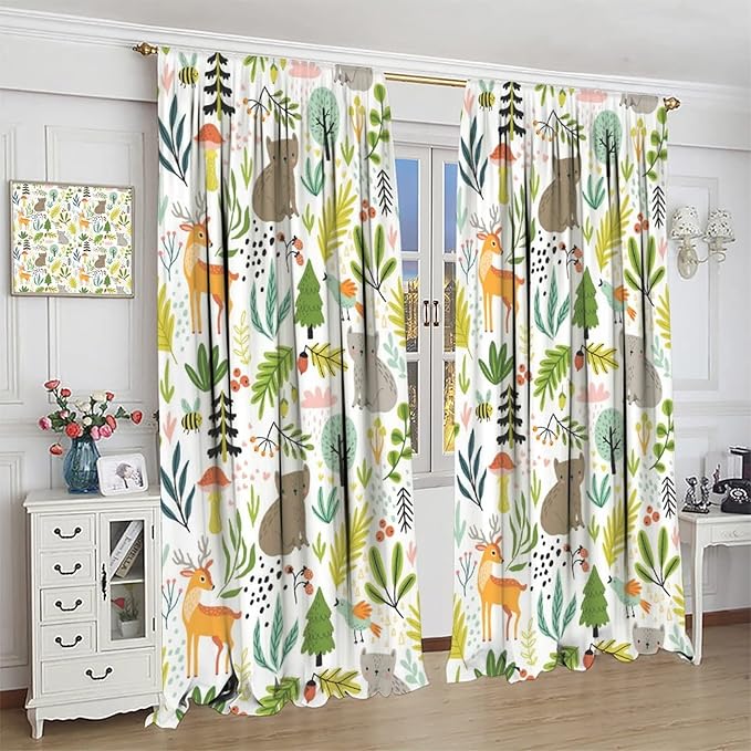 Cartoon Forest Kids Blackout Curtains,Cute Woodland Wild Animals Colorful Deer Plants Trees Print Pattern Thermal Insulation Window Drapes for Nursery Boys Girls Bedroom,White Background 42x54 Inch
