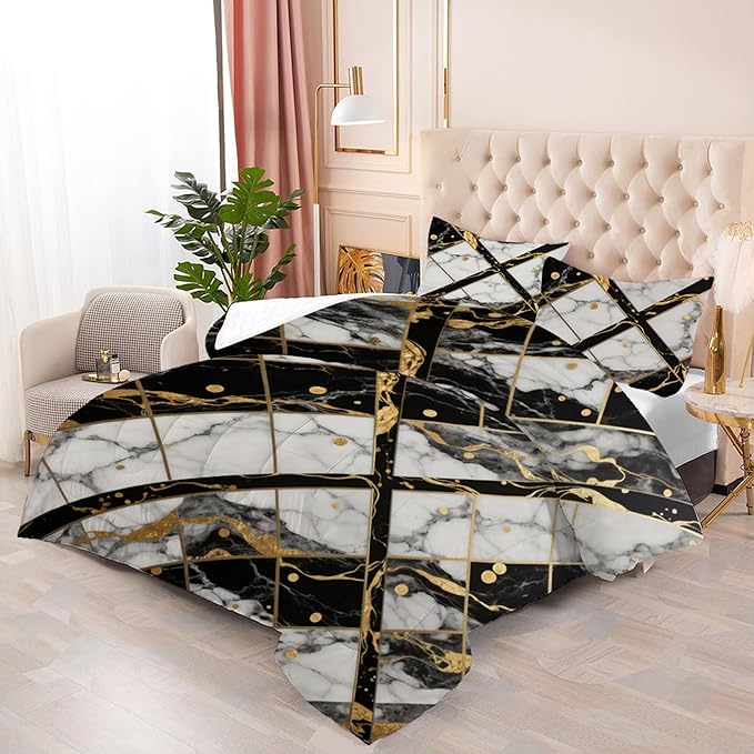 Geometric Marble Comforter Set: Full Size White Black and Gold Bedding Sets Rhombus Geometry Abstract Marbling Quilt 3PC Bed Set 1 Comforter & 2 Pillowcases