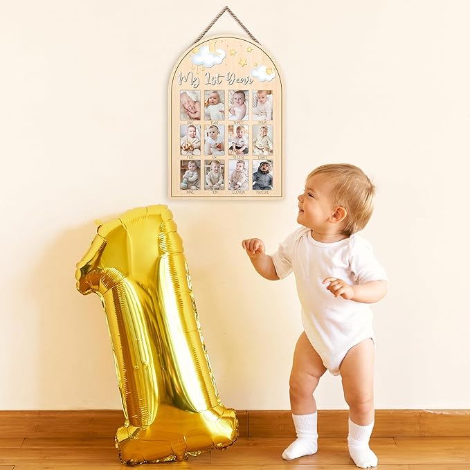 My First Year Photo Board, Star Baby's First Year Photo Frame 12 Monthly Milestone Picture Frame, Gift for Newborn Baby 1st Birthday Memories Nursery Decoration -02