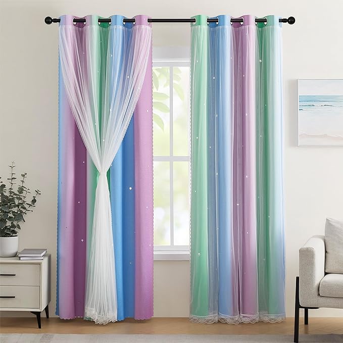 XiDi Green Purple Blue Curtains for Girls Bedroom Decor Kids Blackout Curtains for Nursery Room Darkening Rainbow Princess Unicorn Wall Decals Little Girl 52x45 Inches Long 2 Panels Set