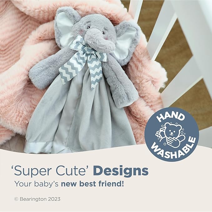 Bearington Baby Lil' Spout Snuggler - 15" Elephant Lovey Security Blanket with Satin Trim and Chevron Bow - Soft Plush Lovie for Babies and Baby Security Blanket Gift for Girls and Boys