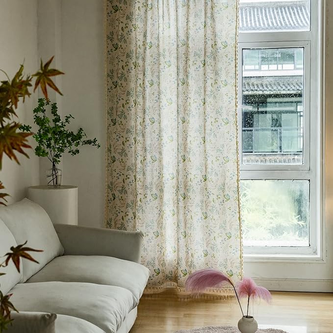 ENJOYBRIDAL Leaf Curtains 63 Inch Length 2 Panels Tassel Boho Semi Sheer Drapes Bedroom Living Room Farmhouse Floral Short Rustic Country Rod Pocket Cotton Linen Blend Window Curtain Panel