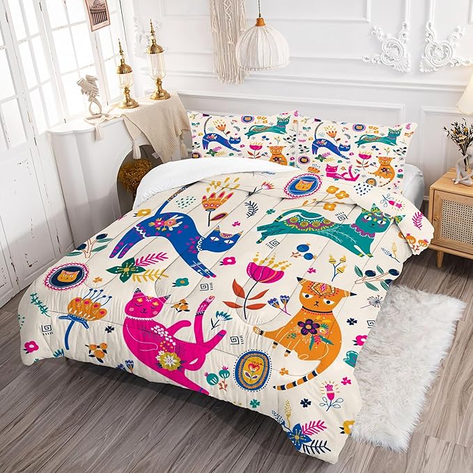Cat Comforter Set King: Cute Floral Cats King Bedding Sets for Teen Girls Women Kids Cartoon Flowers Kawaii Animals Print Quilt Duvet Bed Set with 1 Comforter & 2 Pillowcases