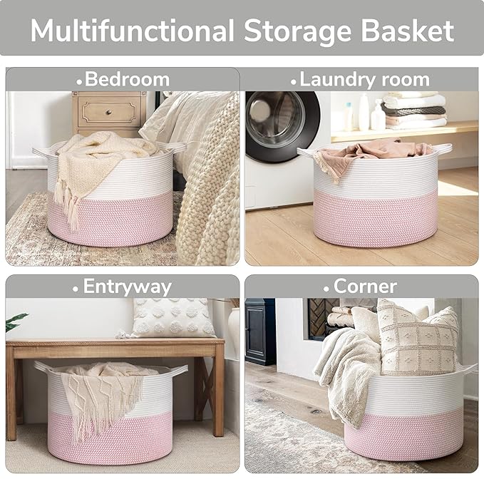 Goodpick Large Storage Basket 22'' x 14'', Baby Basket for Blankets Living Room, Toy Storage Organizer for Clothes, Toys, Pink