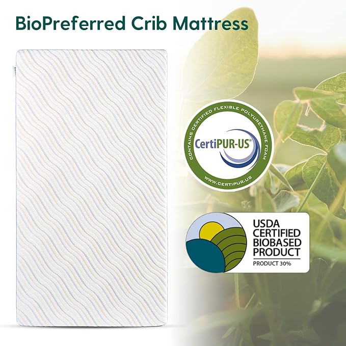 BABELIO Biobased Crib and Toddler Mattress Dual-Sided, CertiPUR-US, Removable Waterproof and Machine-Washable Cover, 52"x27.5"x5"