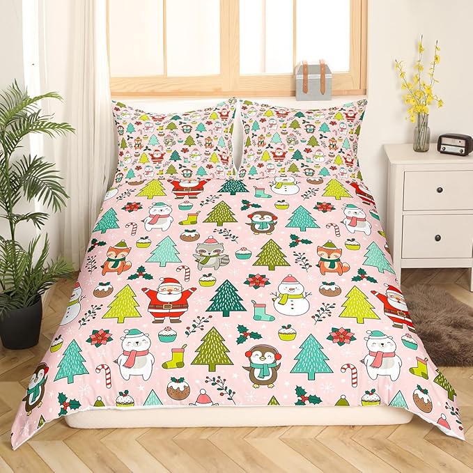 Manfei Christmas Duvet Cover Set King Size, Santa Claus Xmas Trees Animals Snowman Bedding Set 3pcs for Kids Girls, New Year Comforter Cover Soft Polyester Quilt Cover with 2 Pillowcases,No Comforter