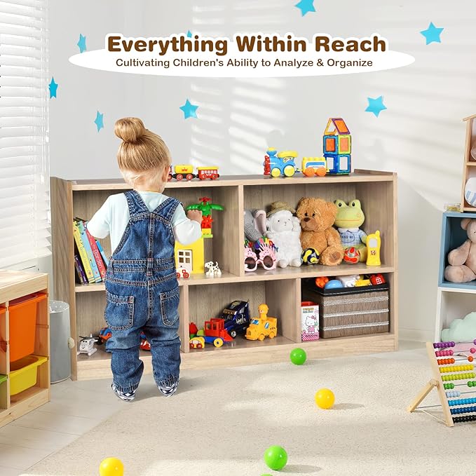 Costzon 2-Shelf Bookcase for Kids, Wooden Toy Storage Organizer for Books Toys, 5-Section Freestanding Classroom Daycare Montessori Bookshelf for Preschool, Home Playroom & Kindergarten (Natural)