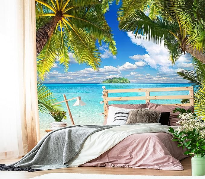 XMPMBM-Beach Palm Tree backsplash Large Decorative Wallpaper Tropical Palm Leaf Bedroom Bathroom Wall Mural- W 154" X H 105"（112 Square Foot）