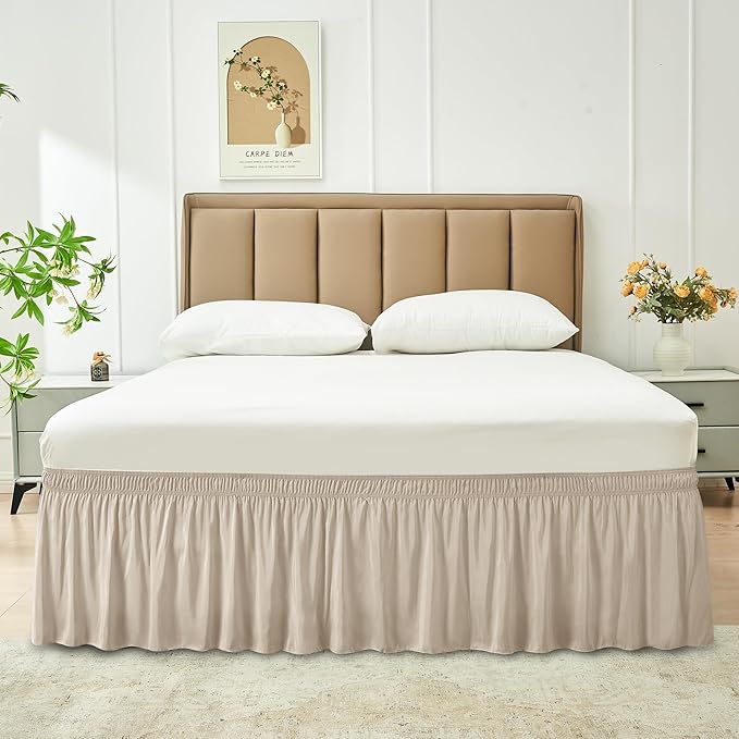 Biscaynebay Wrap Around Bed Skirts for Queen Beds with Short Drop of 12", Light Camel Adjustable Elastic Dust Ruffles Easy Fit Wrinkle Resistant Silky Luxurious Fabric Machine Washable