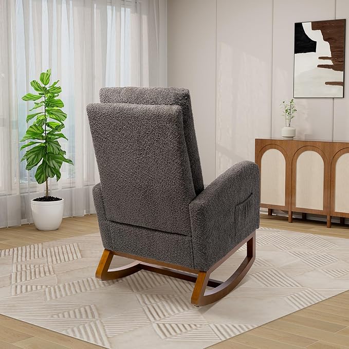 Dolonm Rocking Chair Nursery,Glider Rocking Chair with Footrest High Backrest Glider Rocker for Baby Room Boucle Accent Chair for Living Room Mid Century Modern Arm Chair for Bedroom,Charcoal