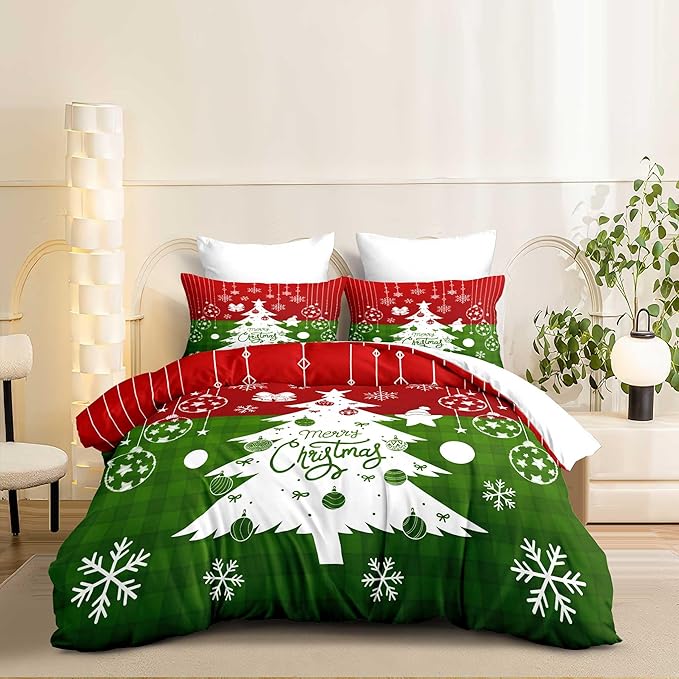 Red Christmas Duvet Cover Full Size Green Christmas Tree Gingham Bedding Set 3 Pcs Kids Boys Girls Checked Holiday Pattern Comforter Cover with Zipper Closure (No Comforter)