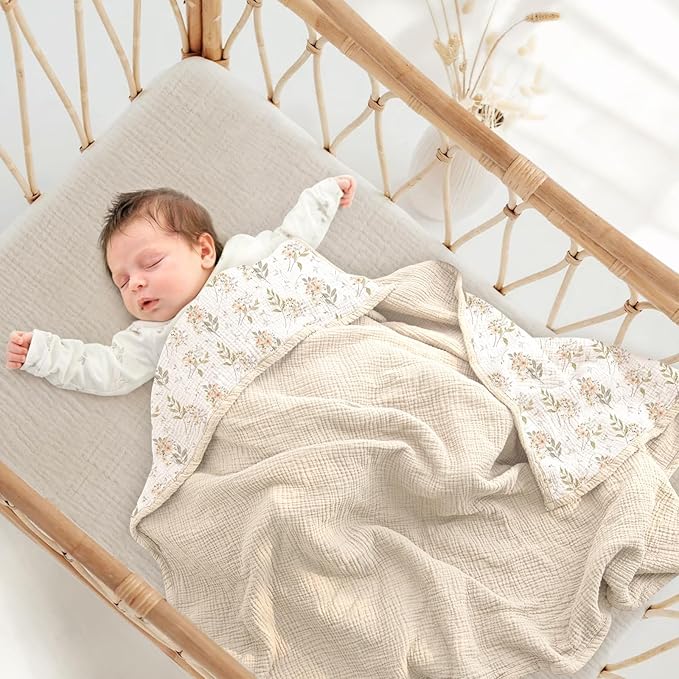 lulumoon Muslin Baby Blanket for Girls: Lightweight Cotton Blanket for Newborn - Soft Nursery Blanket for Stroller 47x47 Inches (Ivory Flower)