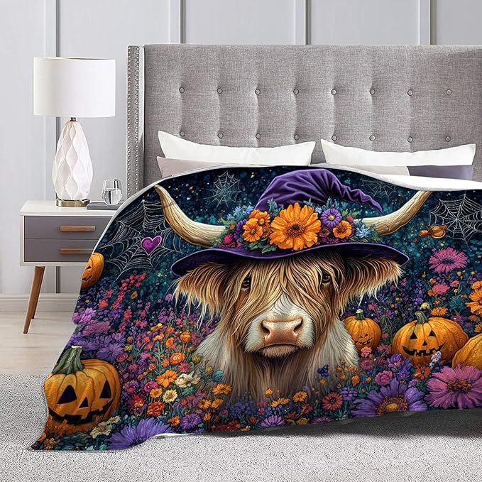 Tijuboni Highland Cow Pumpkin Throw Blanket for Girls Boys Women Men Kids Adults Soft Flannel Fleece Blanket for Couch Sofa Bed Home Decor 60"x80"