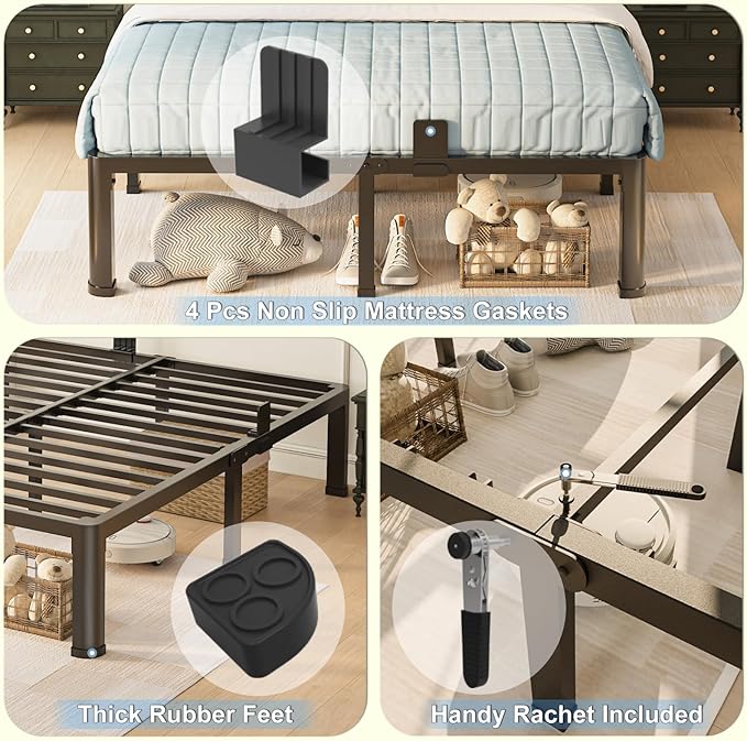 10 inch Queen Bed Frame with Round Corner Legs Mattress Slide Stopper,Low Profile Heavy Duty Metal Platform,Steel Slats Support,No Box Spring Needed,Easy Assembly,Noise Free