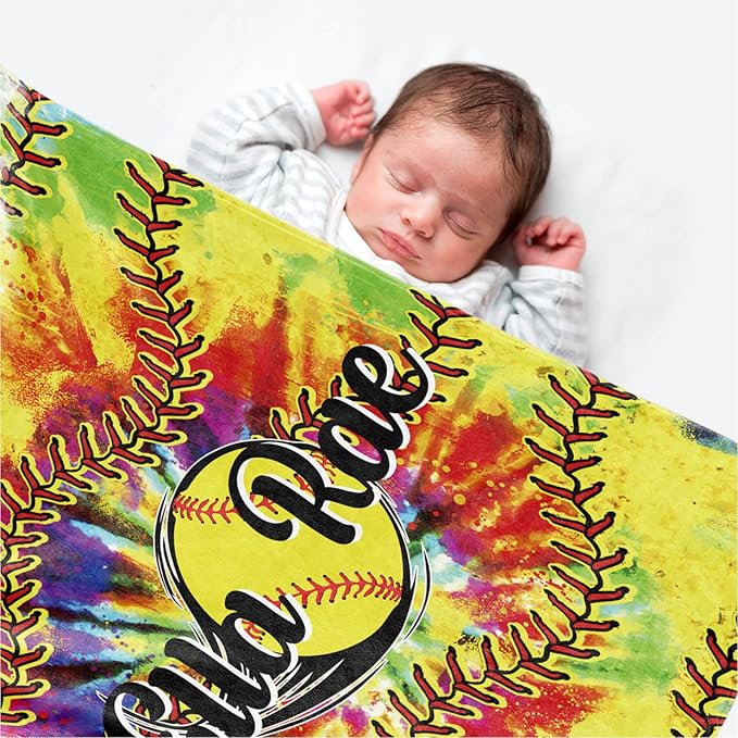 Personalized Softball Kids Blanket with Name and Number - Custom Sport Bed Blankets Gift for 0-3 Months Baby Essential - Super Warm and Comfortable 40x50inch