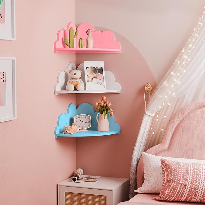 Cloud Floating Corner Shelves - Set of 3 Wood Corner Shelf Wall Mounted, White Nursery Wall Decor, Small Cute Display Shelf for Kid's Room Bedroom Living Room Bathroom