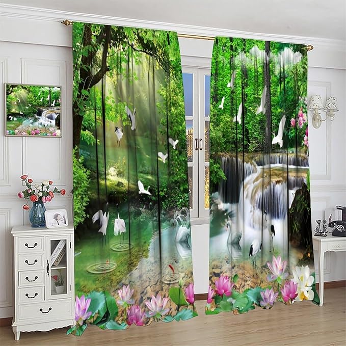 Nature Blackout Curtain, Waterfall Landscape Forest Swan Fish Pattern Rod Pocket Window Drapes, for Bedroom Living Room 52" W X 84" L