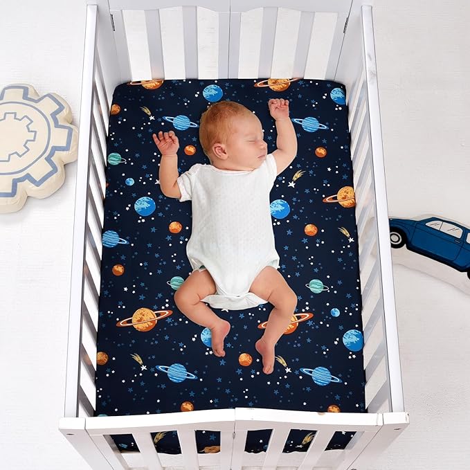 PHF 3 Pack Soft Mini Crib Sheets, Space Silky Pack N Play Sheets for Baby Boys Girls Neutral, Universal Fit for Pack N Play, Playard, Portable and Mini Crib Mattresses, Space