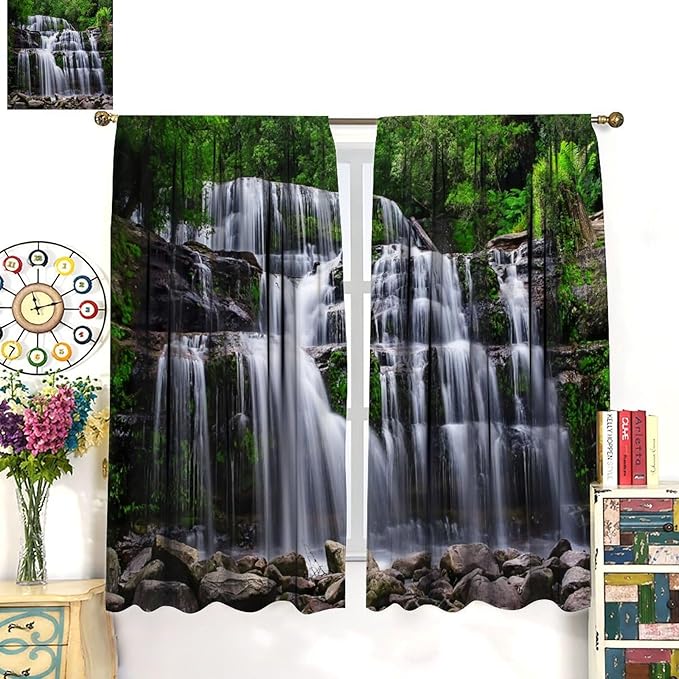 Natural Scenery Blackout Curtains, Spring Rustic Forest Waterfall River Landscape Window Drapes, for Bedroom Living Room 42" W X 54" L