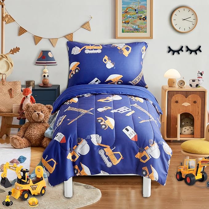 4 Pieces Construction Toddler Bedding Set for Boys Yellow Engineering Vehicle Toddler Bed Set with Bulldozer Tipper Truck Crane Cute Toddler Bed in a Bag with Sheet Set and Pillow Shams - Navy Blue