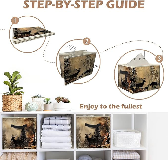 Vintage Camping Forest Deer Nursery Storage Bin Box with Handles, Farmhouse Rustic Deer Foldable Linen Fabric Laundry Basket for Kids Room Nursery Playroom Bathroom Home Clothes Toys Books