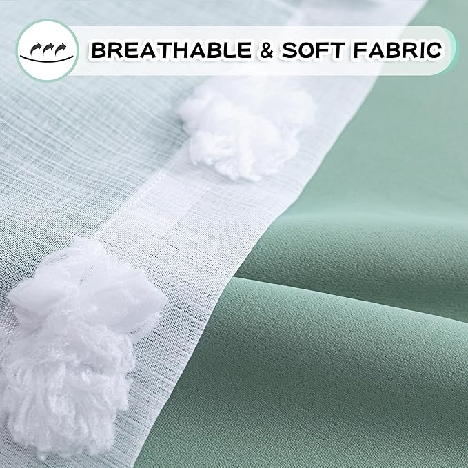 MYSKY HOME Aqua Curtains for Kids Room Nursery Curtains 72 Inches Long for Girls Bedroom Double Layer Curtains White Pom Pom Sheer Curtains for Dining Room Grommet Room Darkening Panels W52 X L72