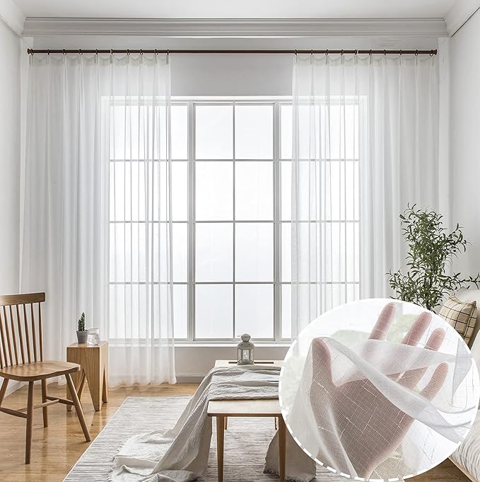 Off White Sheer Curtains 84 Inches Long 2 Panels, Thin Textured Linen Look Drapes for Living Room, Rustic Ivory See Through Window Decor, DIY Pinch Pleat Sliding Glass Door Curtain