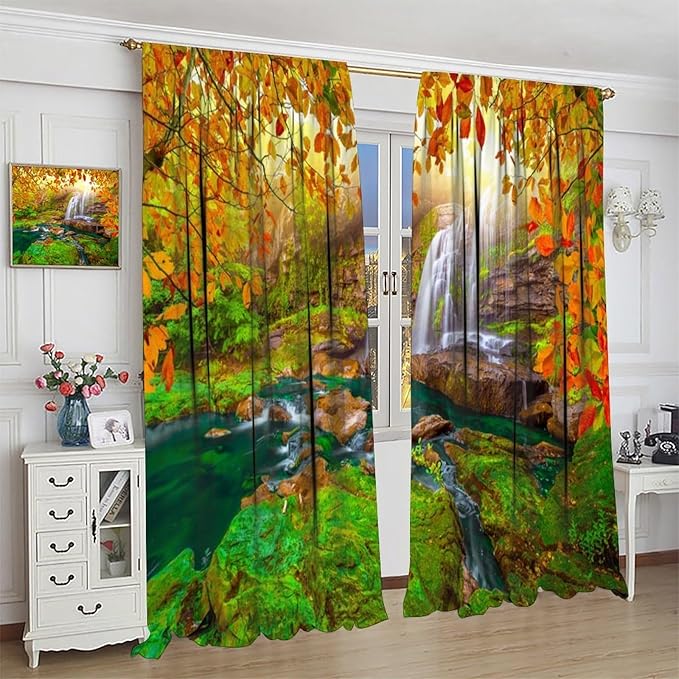 Waterfall Blackout Curtains, Waterfall Landscape Autumn Nature Leaves Forest Window Drapes, for Bedroom Living Room 63" W X 63" L