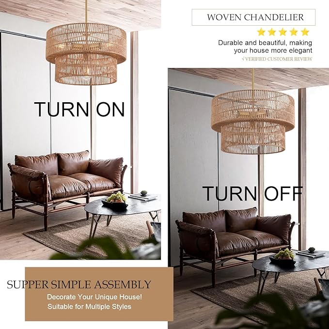 17.72" 4-Light Boho Chandelier Rattan Light Fixture Hand Woven Farmhouse Chandelier for Dining Room Ceiling Hanging Pendant Light for Kitchen Island Lighting