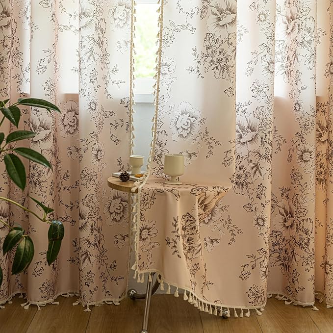 ENJOYBRIDAL Floral 63 Inch Curtains 2 Panel Set Living Room Farmhouse Drapes Bedroom Boho Semi Sheer Short Window Curtain Panels Cute Flower Rod Pocket Botanical Pattern Window Treatments