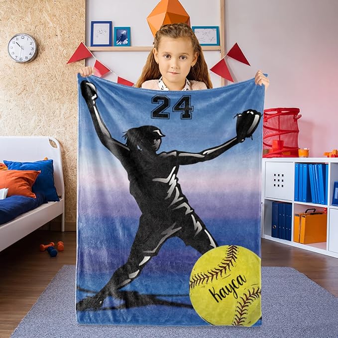 Custom Softball Blanket with Name Number: Personalized Fluffy and Warm Gift for Baby Toddler Kids and Adults Birthday Skin-Friendly Flannel Fabric(30X40inch)