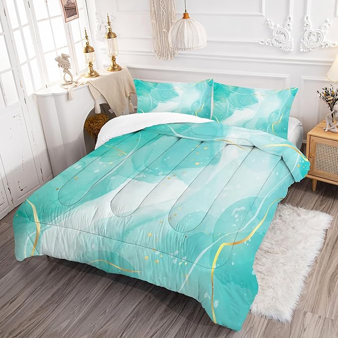 Teal Comforter Set Full: Blue Green Marble Bedding Sets for Teen Girls Kids Aqua Teal and Gold Abstract Marbling Quilts Mint Green Bed Set 1 Comforter & 2 Pillowcases