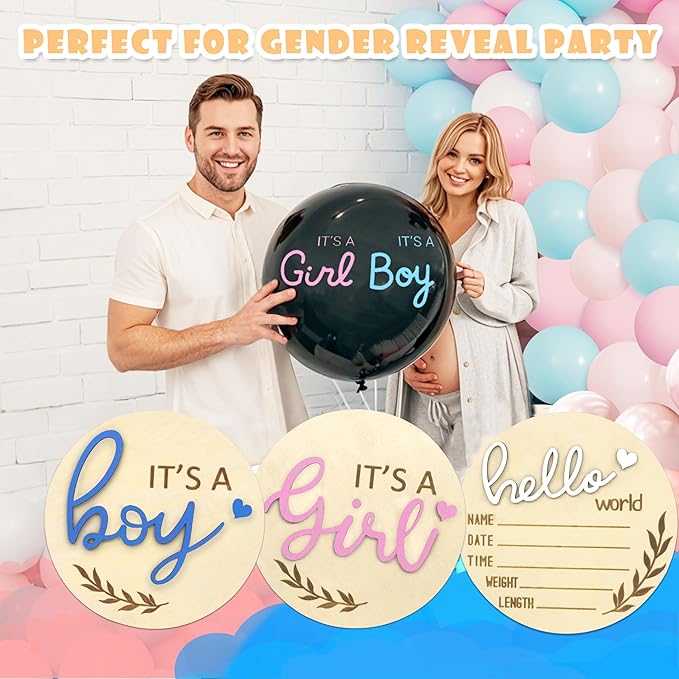 Baby Announcement Sign, Gender Reveal for Welcome Baby 3PCS Its a Boy/Girl and Hello World Newborn Sign Board Wooden Birth Name Announcement Plaque and Pen for Hospital Shower Party Photo Props